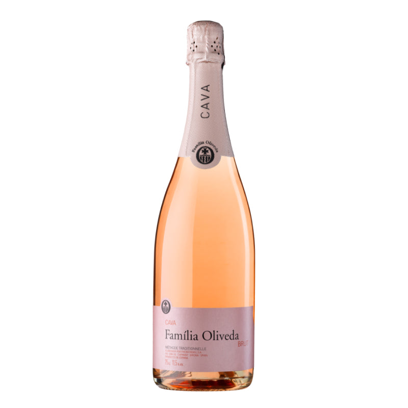A wine bottle called Cava Família Oliveda Rosat Brut from the Cava region of Spain