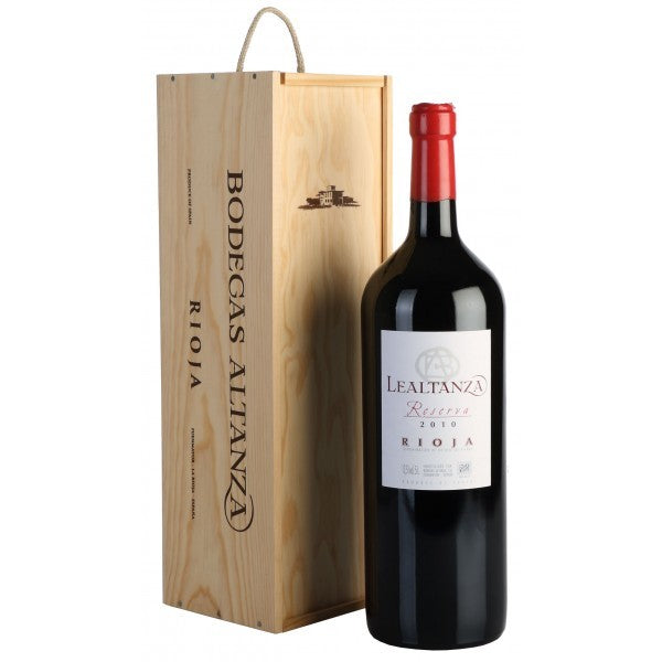 A  red wine bottle of Altanza Reserva Magnum in a box