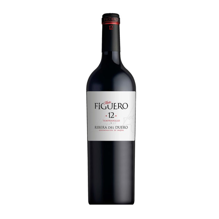 A red wine bottle called Figuero 12 Crianza Magnum from the Ribera del Duero region