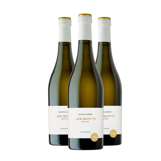 A picture of three white wine bottles called Les Sorts Blanc from the Montsant region