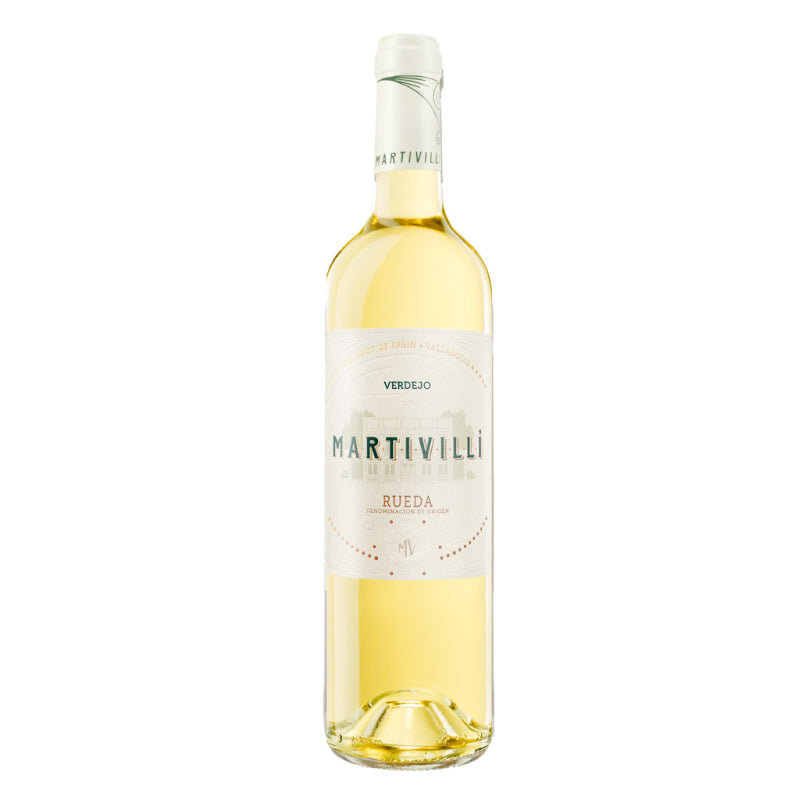 A picture of a white wine bottle called Martivilli Magnum which originates from Rueda