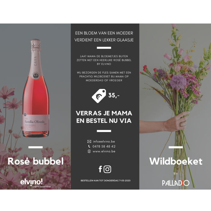An image promoting Moederdagactie flesje rosé bubbels met wildboeket