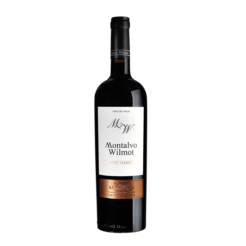 Picture of a red wine bottle called Montalvo Wilmot Petit Verdot which originates from Pago los Cerrillos DOP