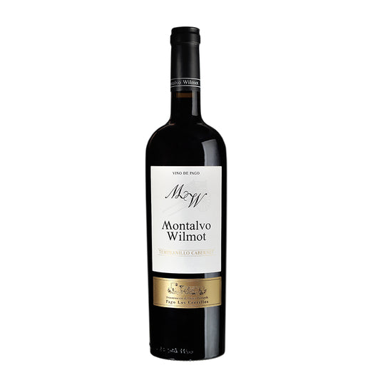 Picture of a red wine bottle called Montalvo Wilmot Tempranillo Cabernet which originates from Pago los Cerrillos DOP