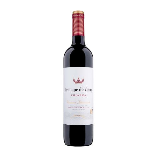 A red wine bottle called Príncipe de Viana Crianza which originates from Navarra in Spain