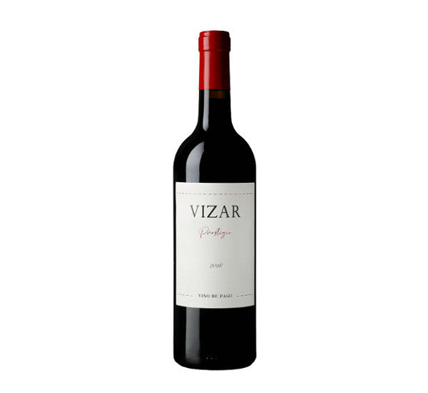 A red wine bottle called Vizar Prestigo which originates from Castilla y Leon in Spain
